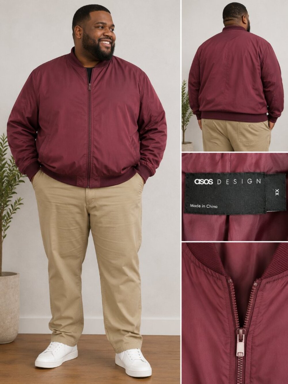 ASOS DESIGN Men’s 4X Burgundy Bomber Jacket Full Zip Lightweight Plus Size